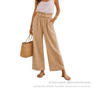 Angela Mara M beige Paperbag Wide Leg Pants Italian Resort Chic Belted